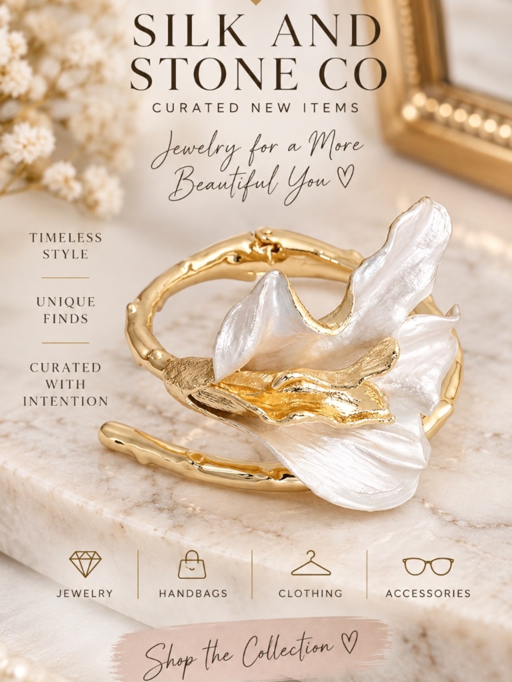 Gold Bamboo Statement Cuff Bracelet with Sculptural Pearl Petal Flower NEW